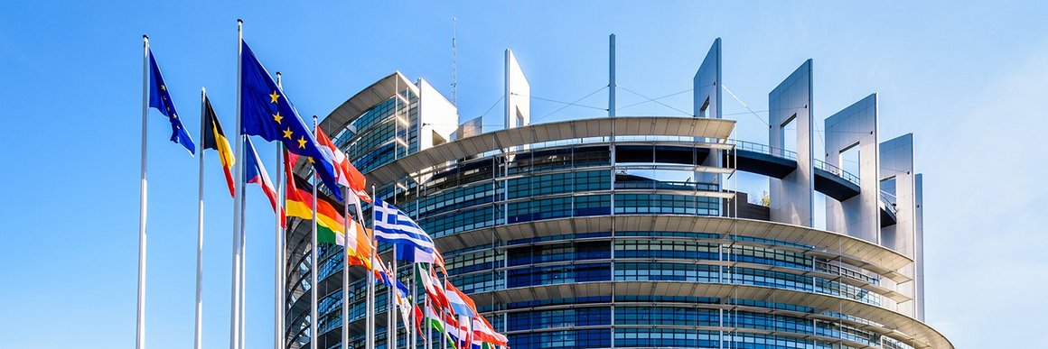 Glass building with Europe flags