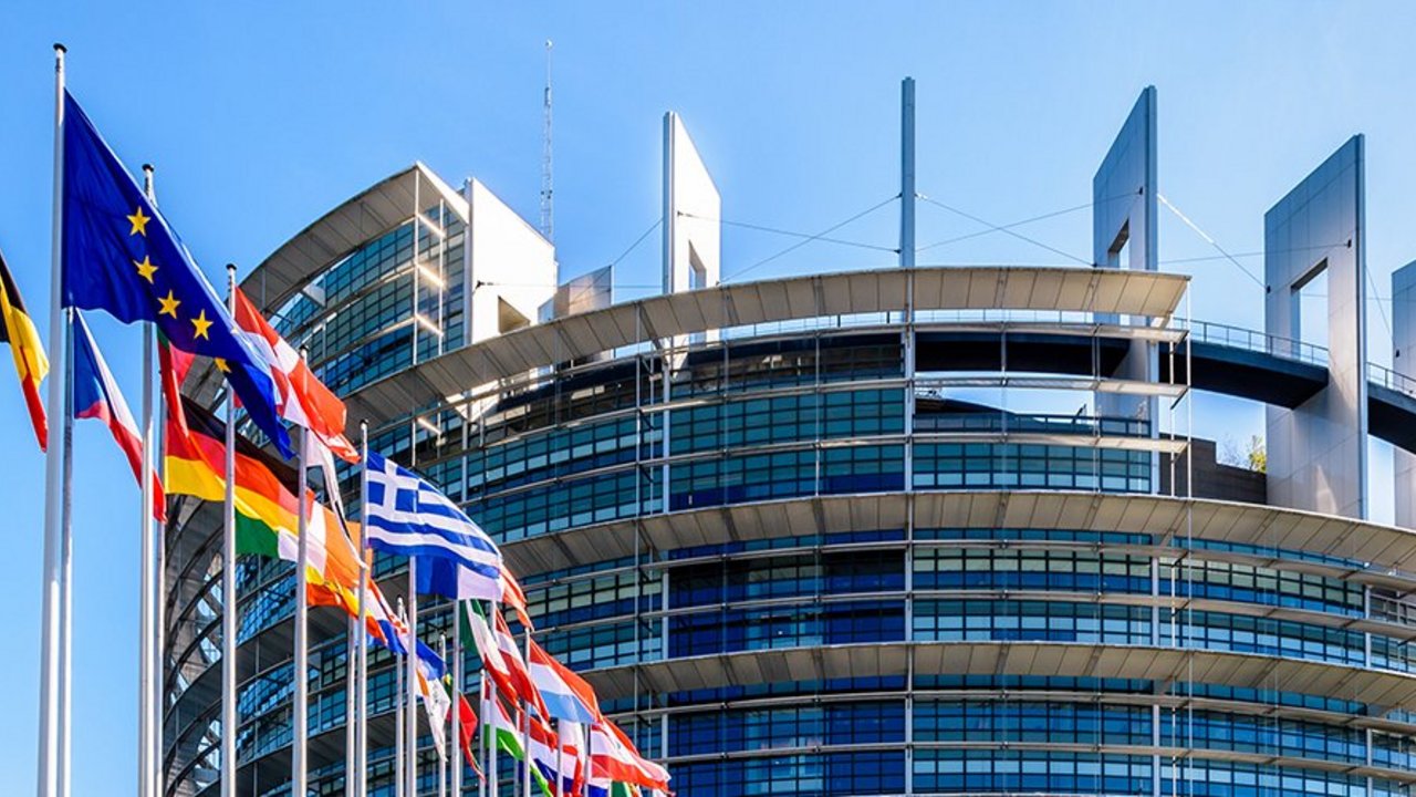 Glass building with Europe flags