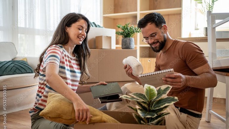 Paar packt Umzugskartons in einer neuen Wohnung aus.