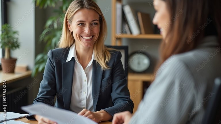Zwei Personen führen ein Bewerbungsgespräch und besprechen Unterlagen.