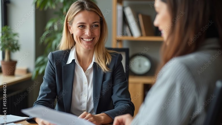 Zwei Personen führen ein Bewerbungsgespräch und besprechen Unterlagen.