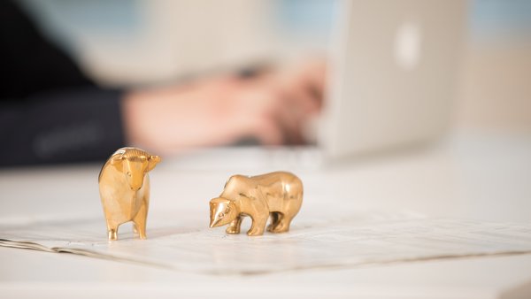 Goldene Figuren von Bulle und Bär auf einem Tisch vor einem Laptop – symbolisieren Kapitalmarkt und Aktionärsversammlungen.