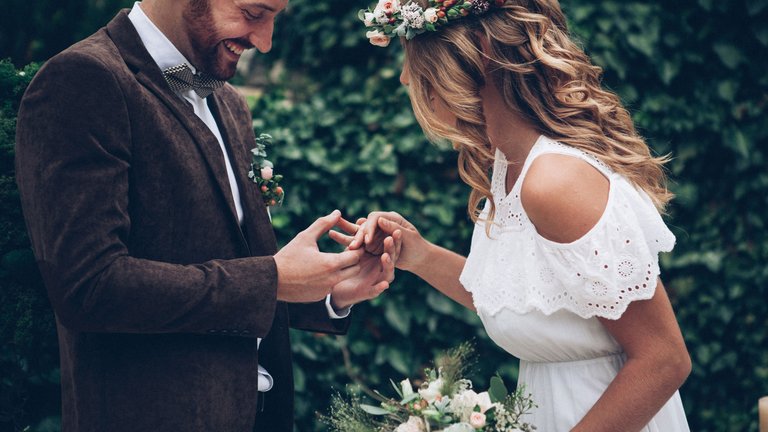 Brautpaar betrachtet bei ihrer Hochzeit die Ringe an ihrer Hand.