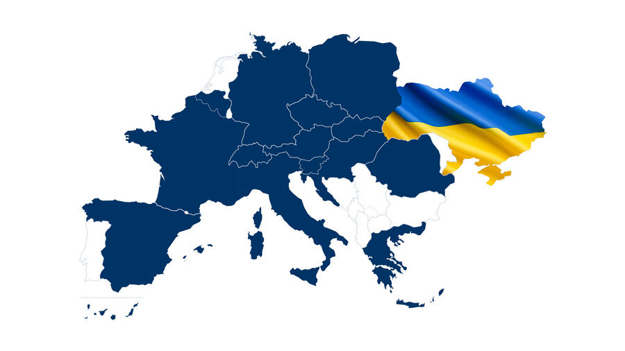 Map of Europe with Ukrainian flag